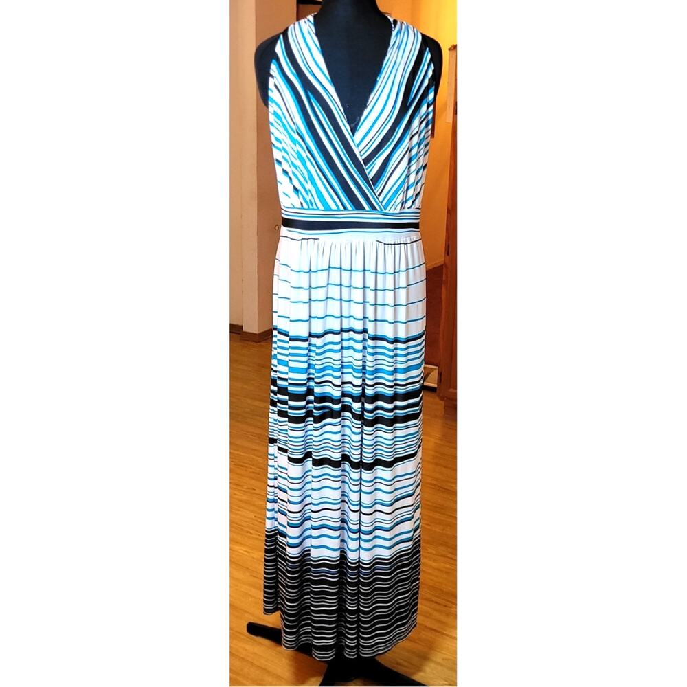 Ashley Stewart Maxi Dress 18/20 Halter V Neck Blue White Coastal Beachy Y2K